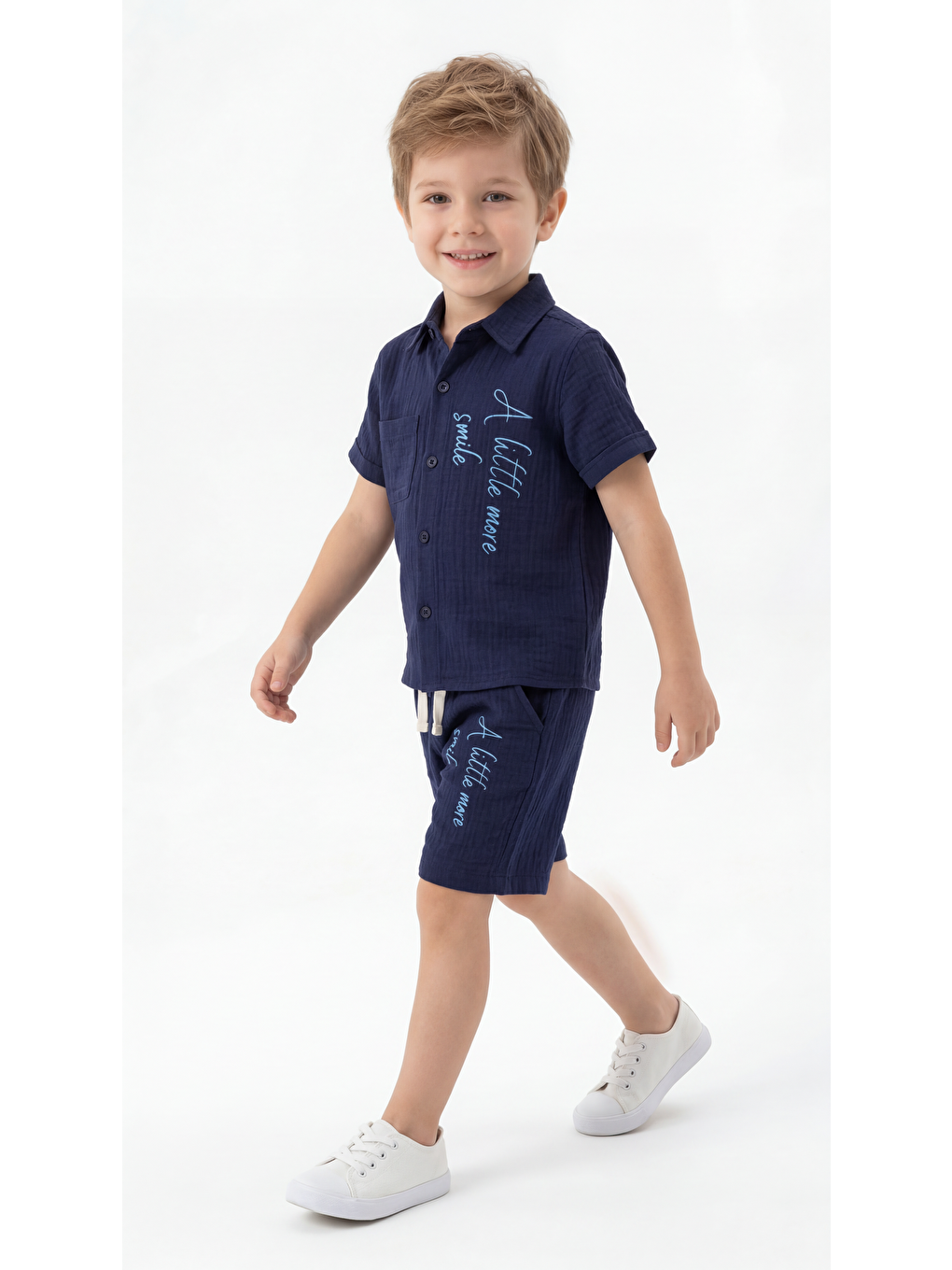Lacivert A Little More Smile Baskılı Cep Detaylı Erkek Çocuk Gömlek & Şort Takımı-1