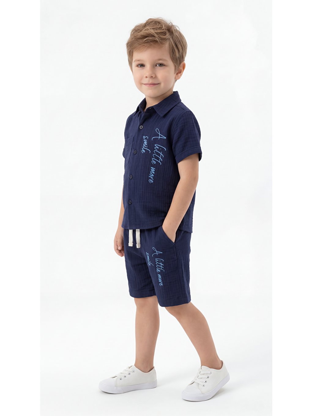 Lacivert A Little More Smile Baskılı Cep Detaylı Erkek Çocuk Gömlek & Şort Takımı-2