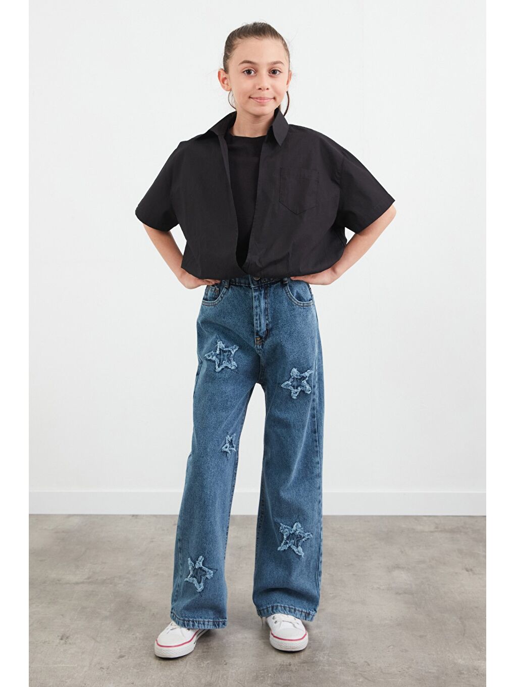 Mavi Yıldız Nakışlı Kız Çocuk Pantolon-4