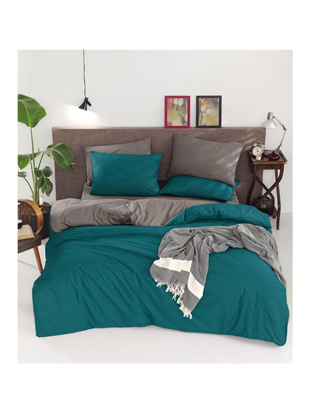 Karışık Natural Çift Taraflı Çift Kişilik Nevresim Takımı Petrol Gri