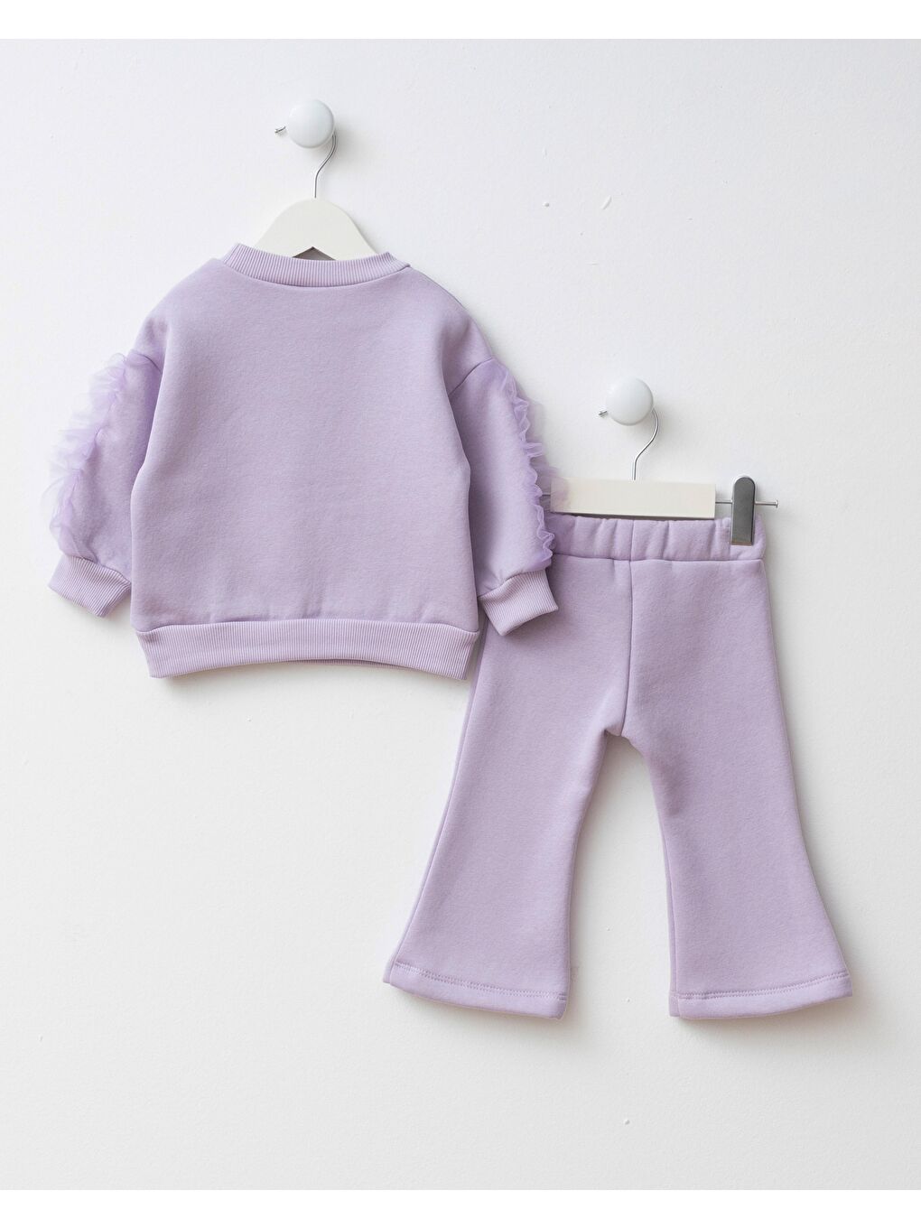 Kız Çocuk Pamuklu Lila Kuğu Baskılı Sweatshirt İspanyol Paça Takım – Tül Kollu-1