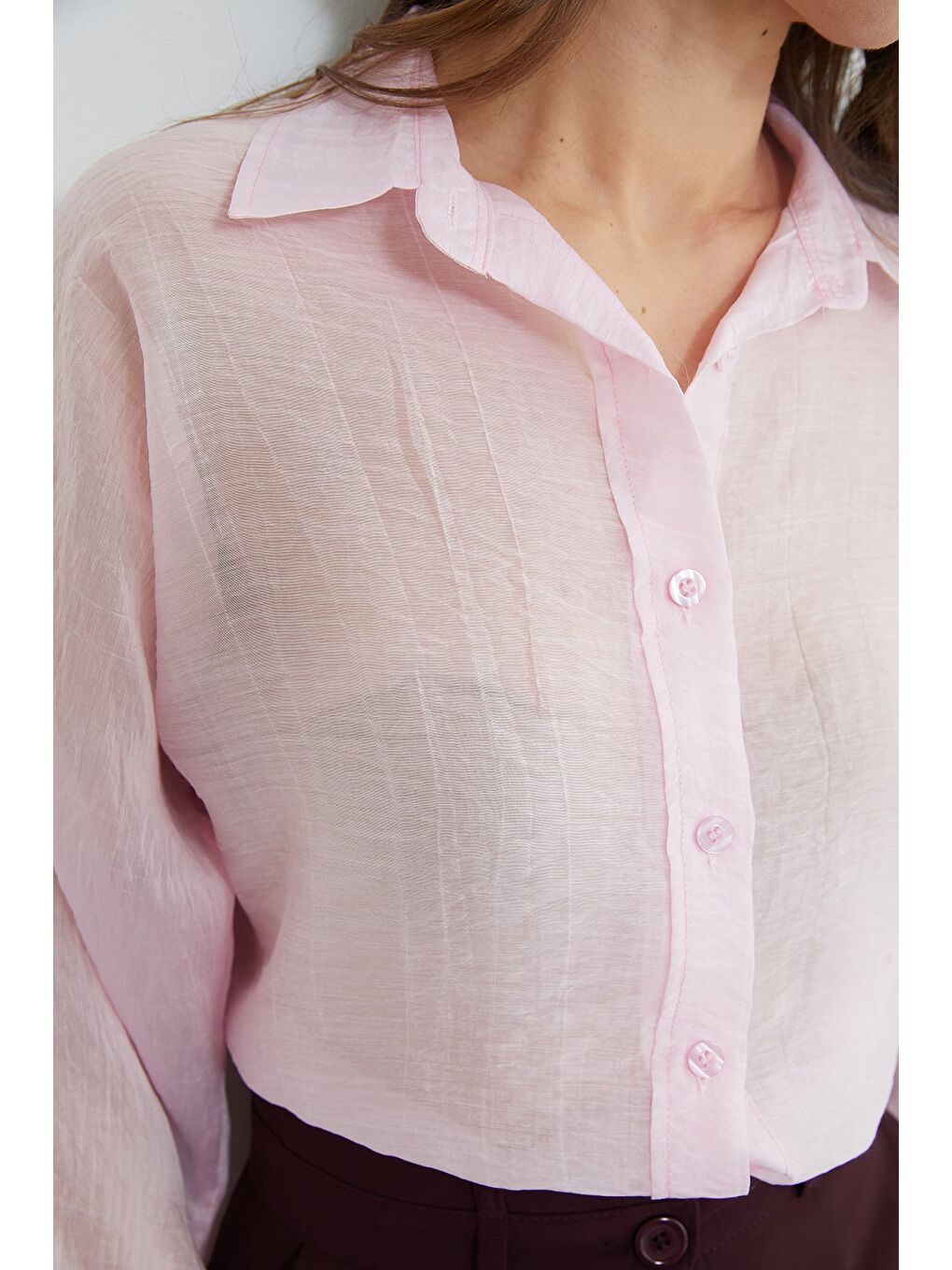 Pembe Jakarlı Kapri Kol Transparan Gömlek-1