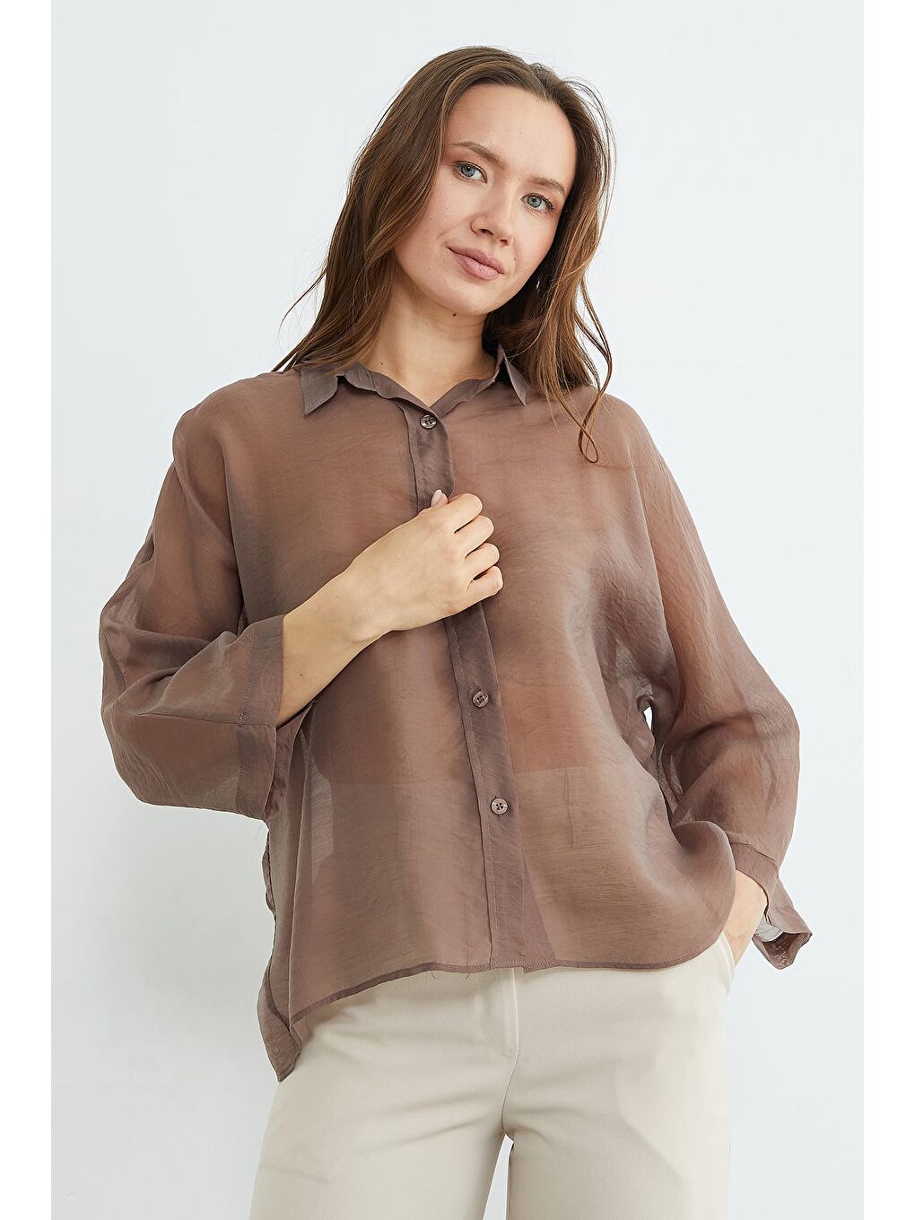 Kahverengi Jakarlı Kapri Kol Transparan Gömlek