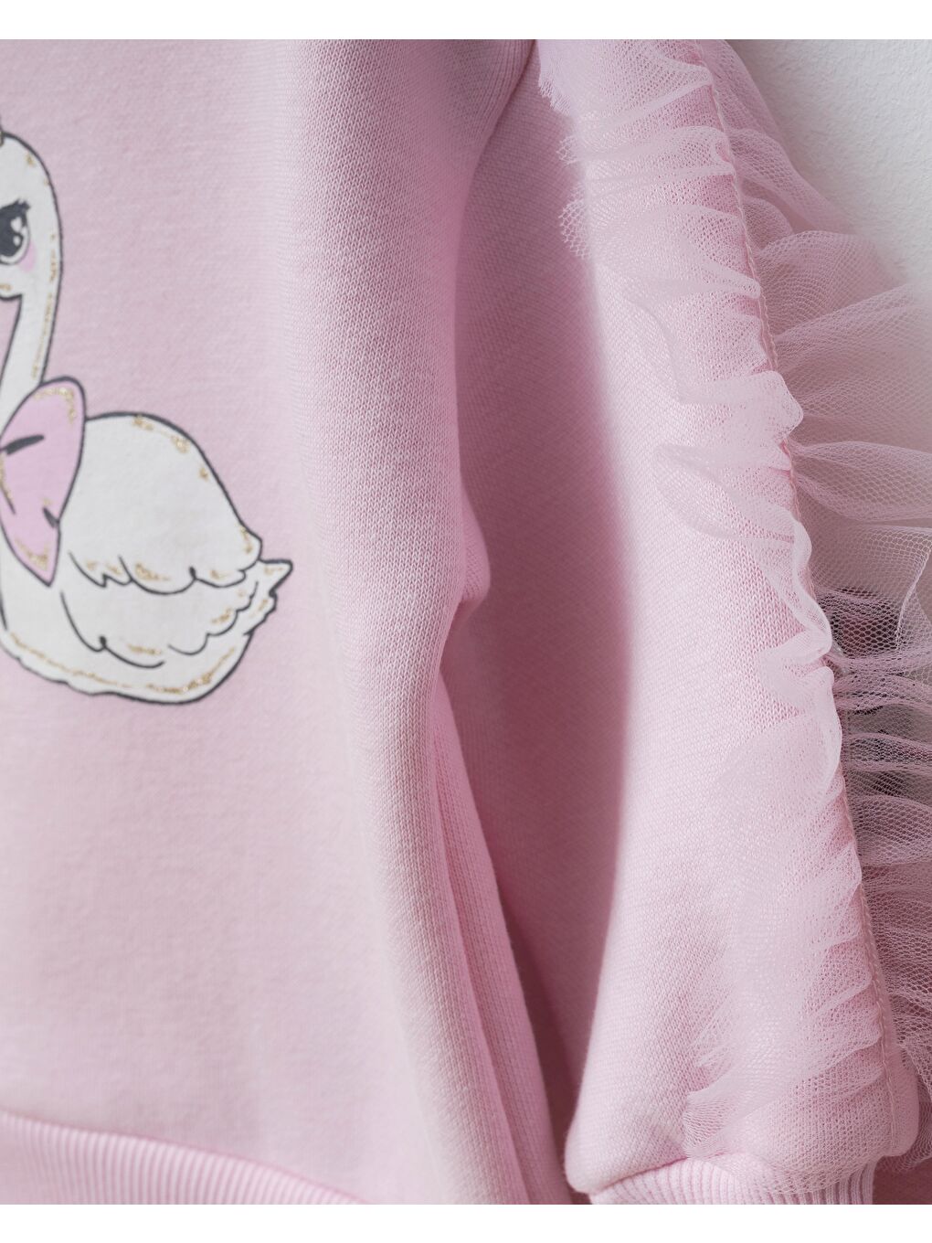 Kız Çocuk Pamuklu Pembe Kuğu Baskılı Sweatshirt İspanyol Paça Takım – Tül Kollu-2