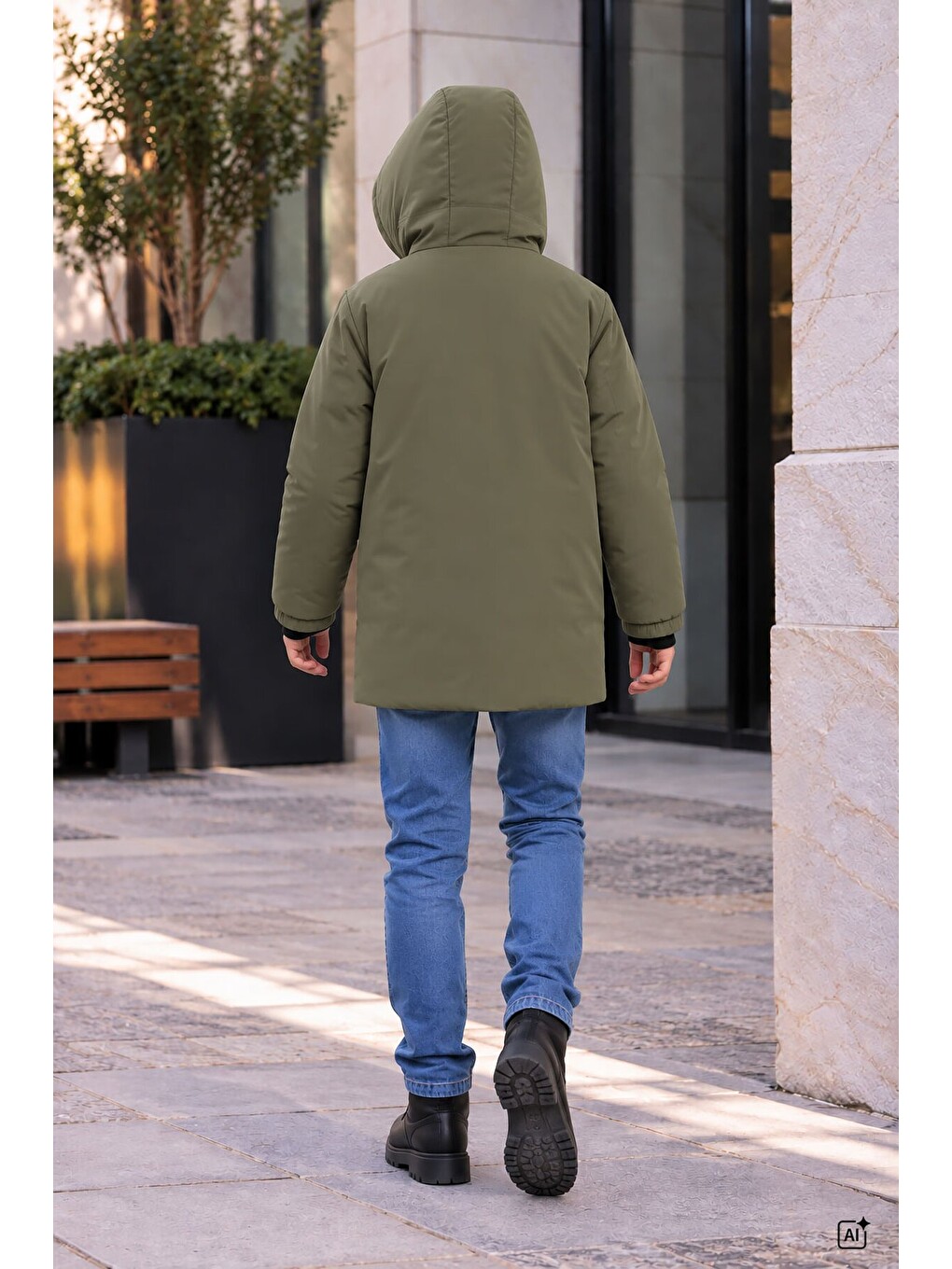 Haki Erkek Çocuk Kürklü Kapüşonlu İçi Polarlı Şişme Mont 24915-2