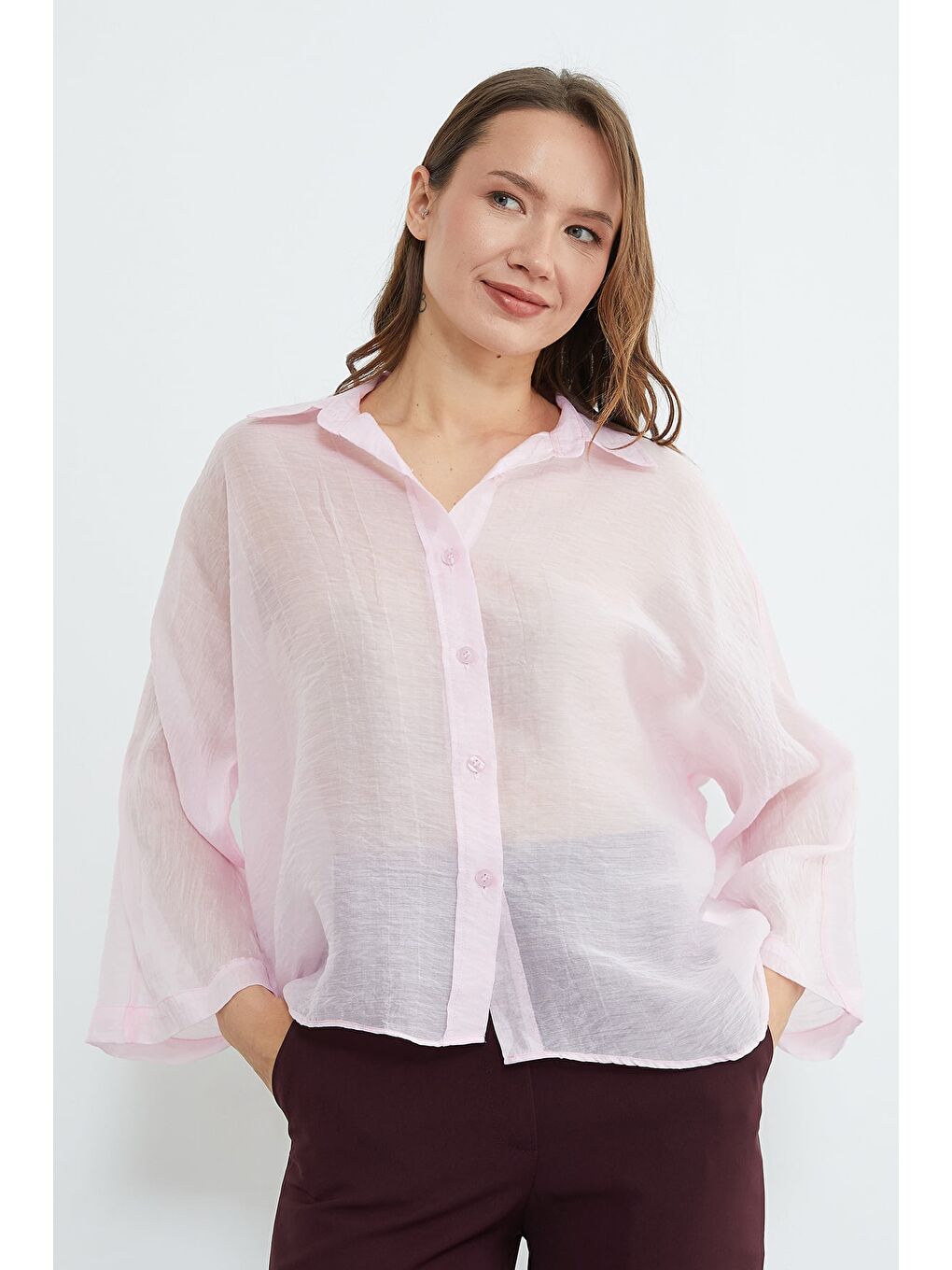 Pembe Jakarlı Kapri Kol Transparan Gömlek-2