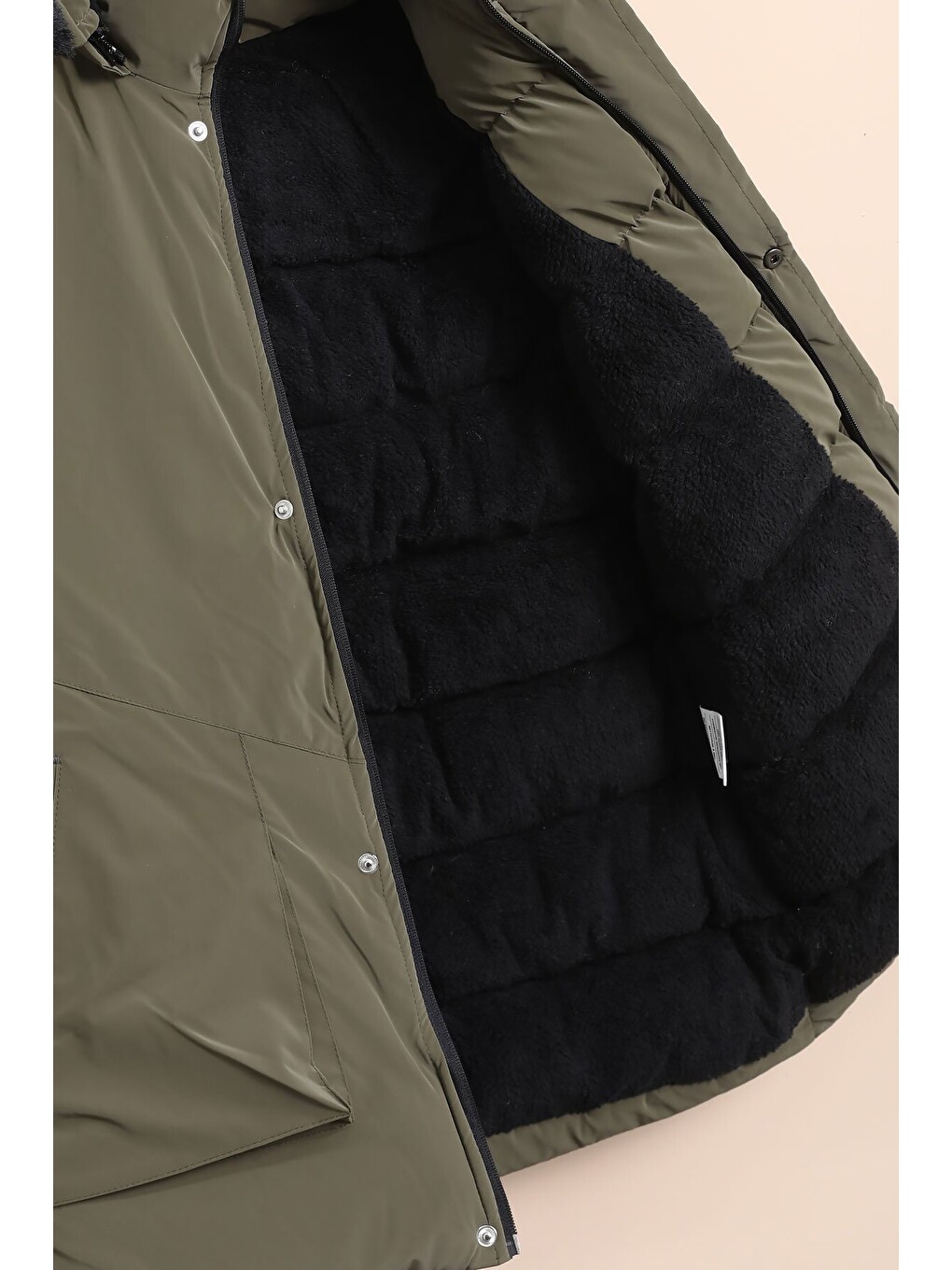 Haki Erkek Çocuk Kürklü Kapüşonlu İçi Polarlı Şişme Mont 24915-4