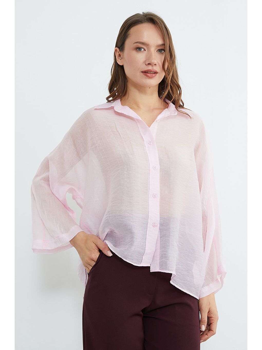 Pembe Jakarlı Kapri Kol Transparan Gömlek-3