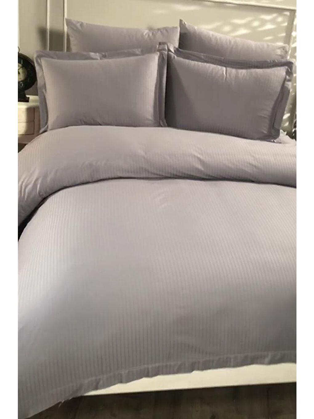Satin Zarif Armürlü Çift Kişilik Nevresim Takımı Gri