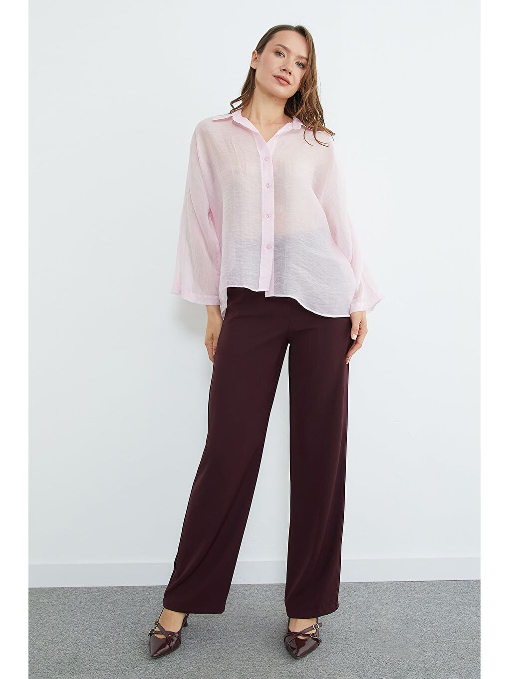 Pembe Jakarlı Kapri Kol Transparan Gömlek-4