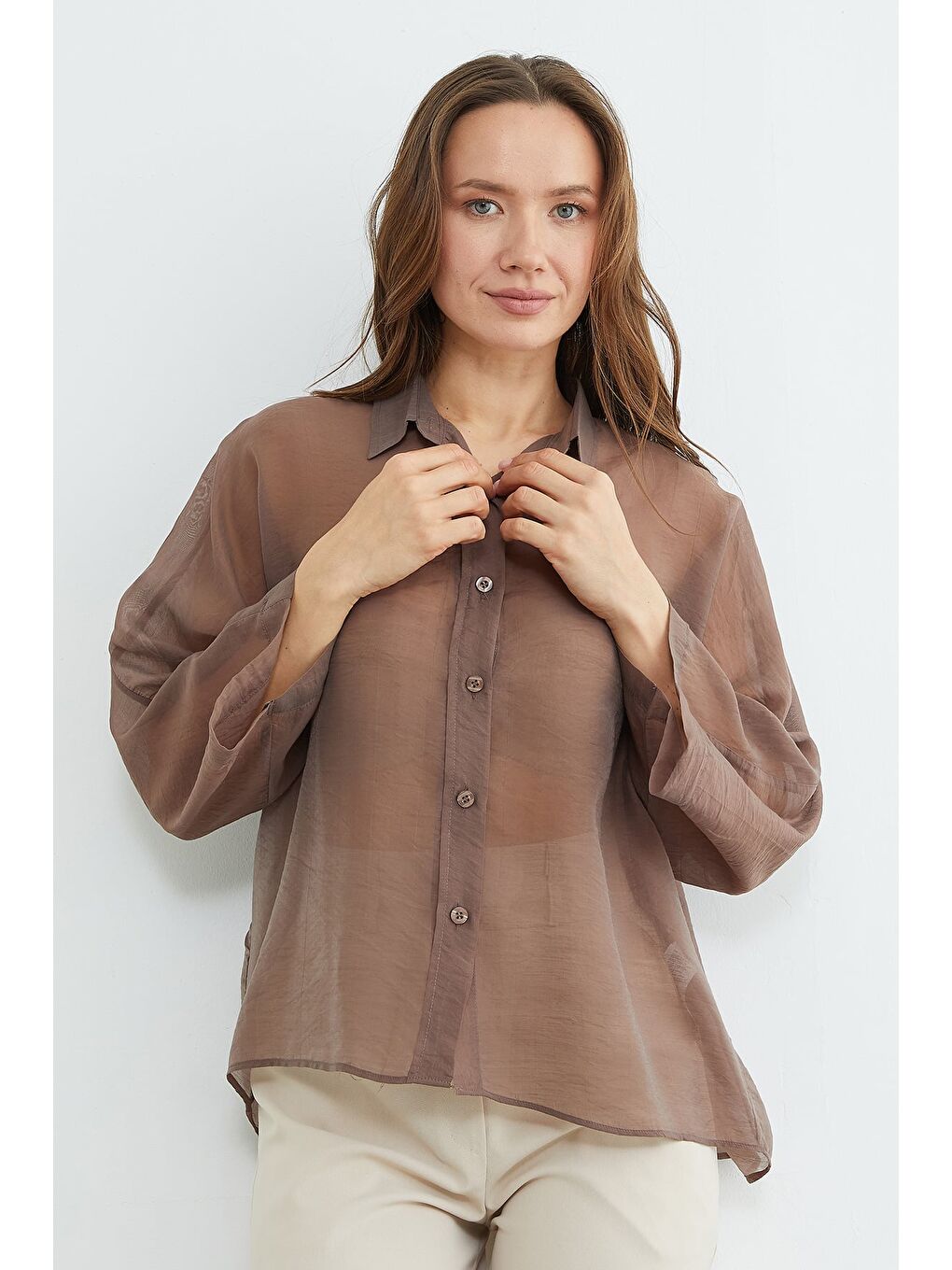 Kahverengi Jakarlı Kapri Kol Transparan Gömlek-1