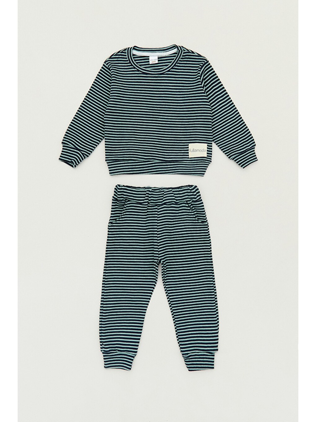 Yeşil Çizgili Bisiklet Yaka Unisex Çocuk Takım-1