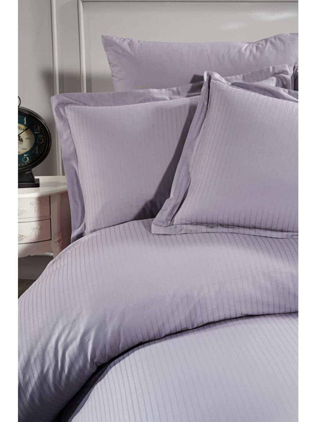 Satin Zarif Armürlü Çift Kişilik Nevresim Takımı Gri-3