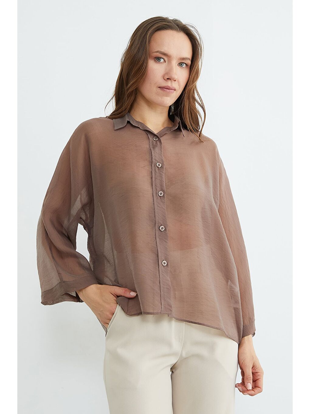 Kahverengi Jakarlı Kapri Kol Transparan Gömlek-2