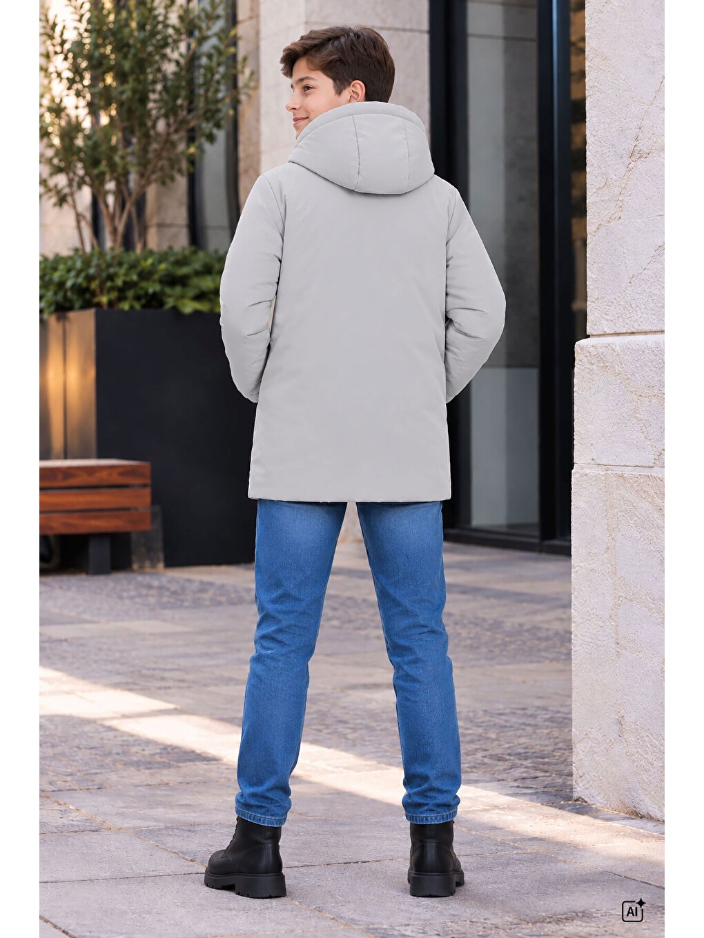 Koyu Gri Erkek Çocuk Kürklü Kapüşonlu İçi Polarlı Şişme Mont 24916-2