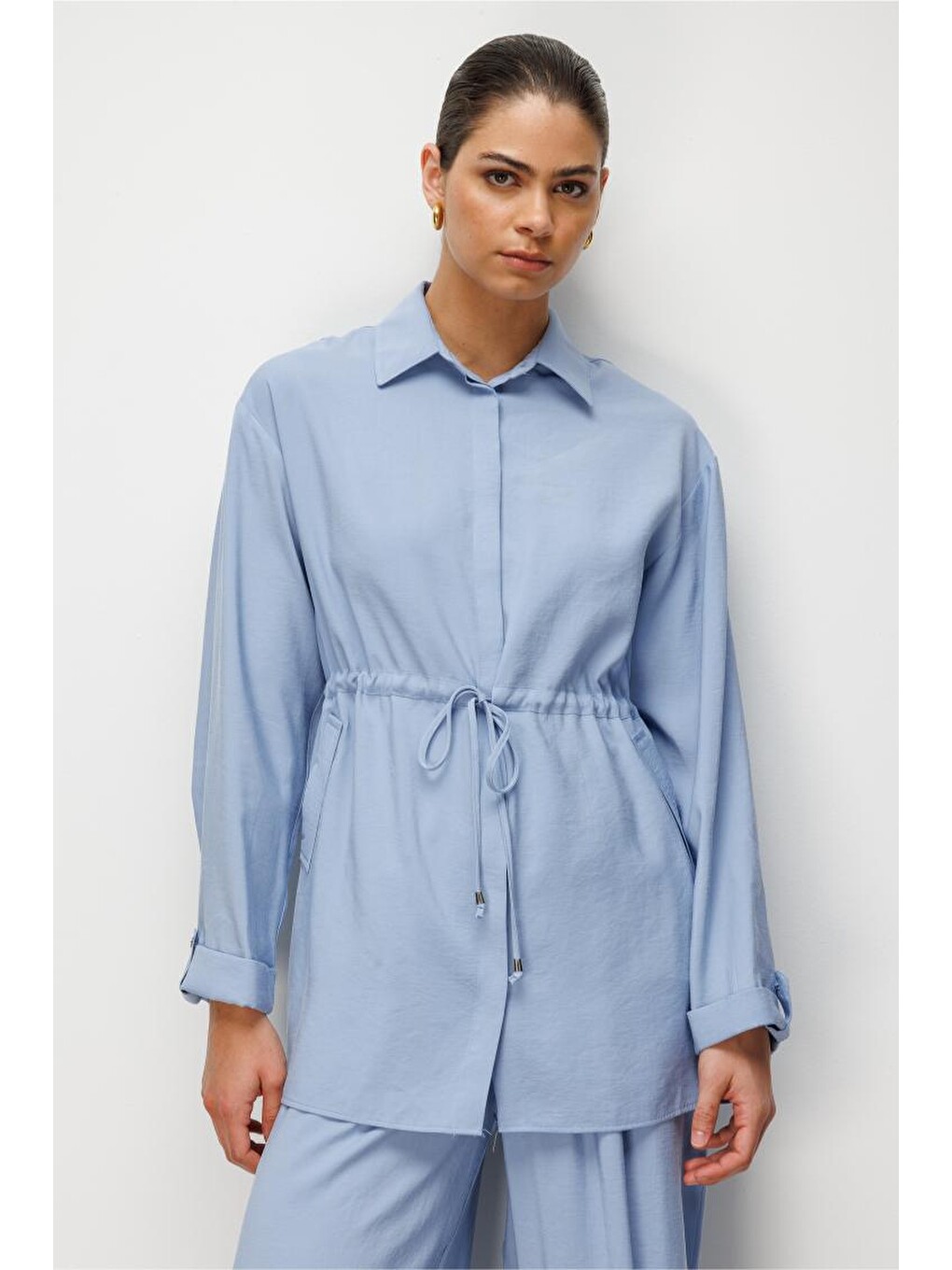 Beli Büzgülü Modal Dokulu Mavi Tunik-3
