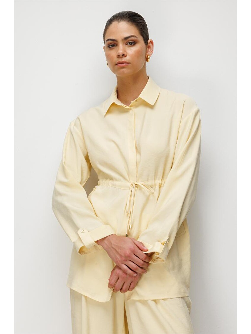 Beli Büzgülü Modal Dokulu Sarı Tunik-3