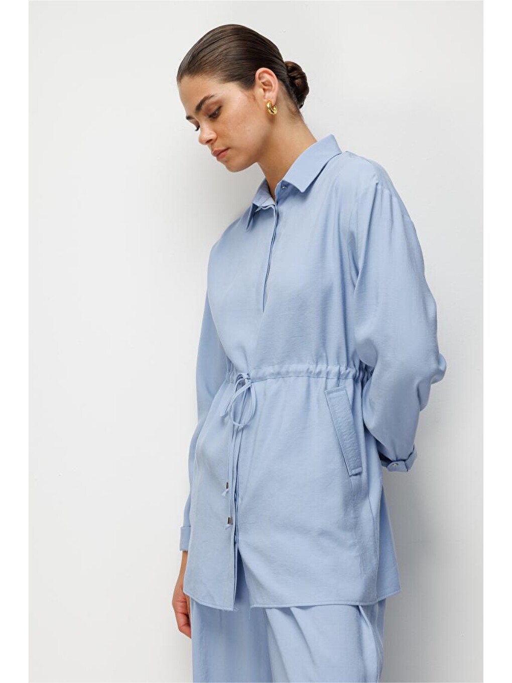 Beli Büzgülü Modal Dokulu Mavi Tunik-4
