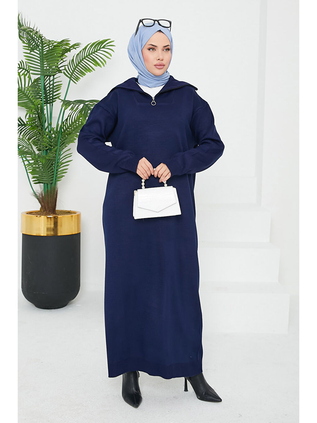 Kamyoncu Yaka Triko Elbise Lacivert - 26662-1