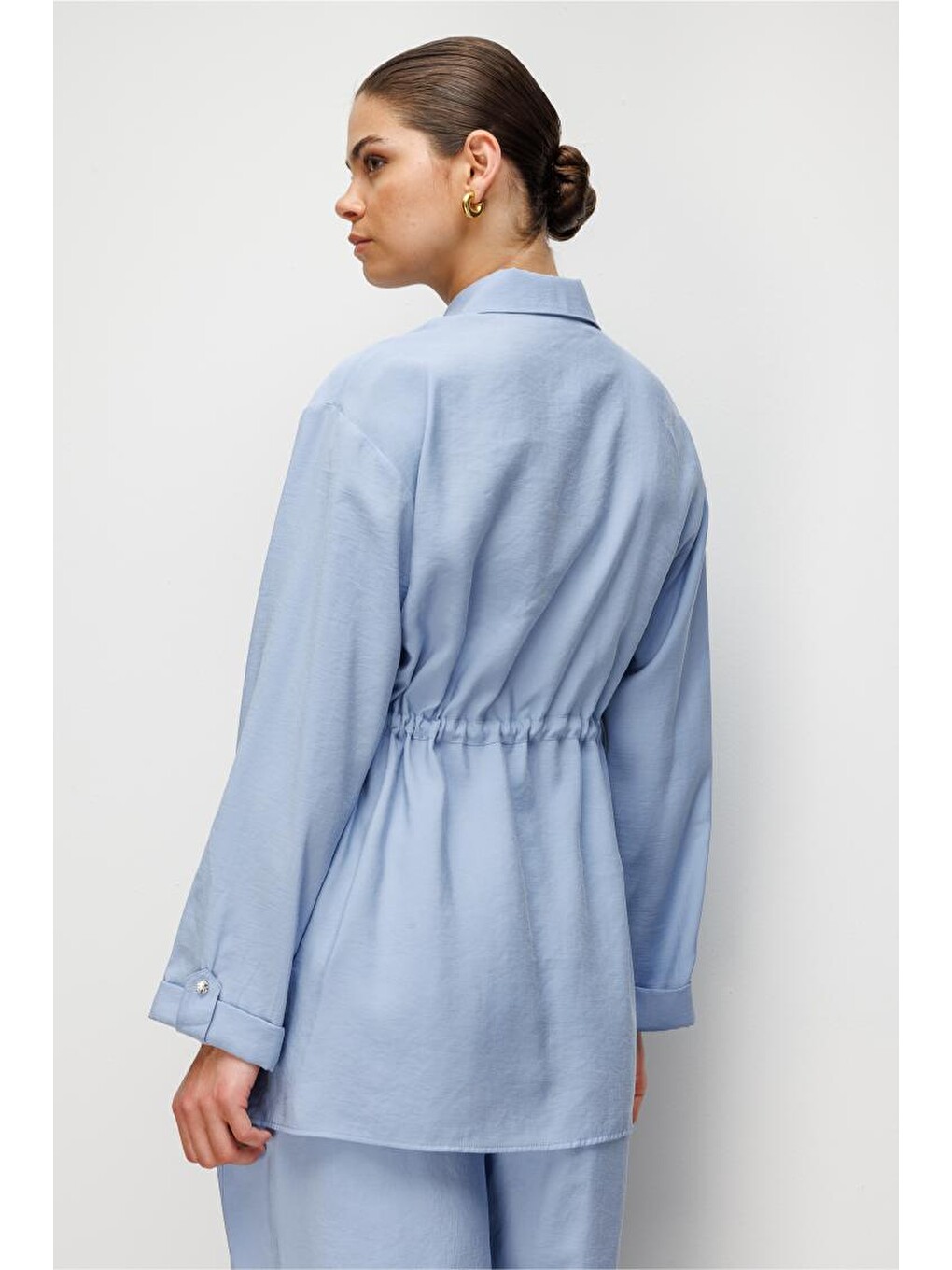 Beli Büzgülü Modal Dokulu Mavi Tunik-5