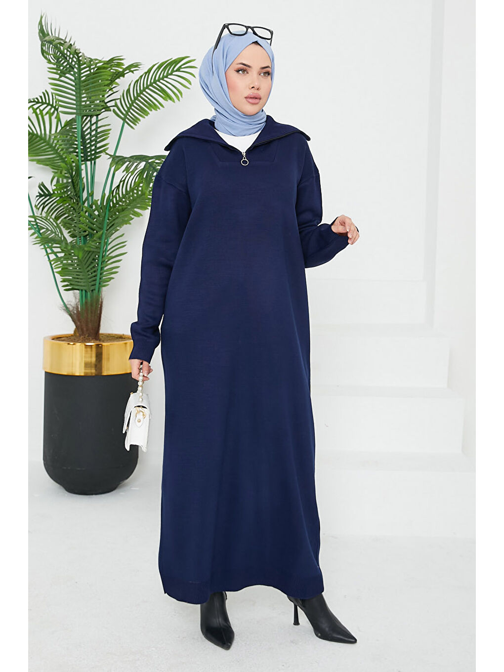 Kamyoncu Yaka Triko Elbise Lacivert - 26662-2