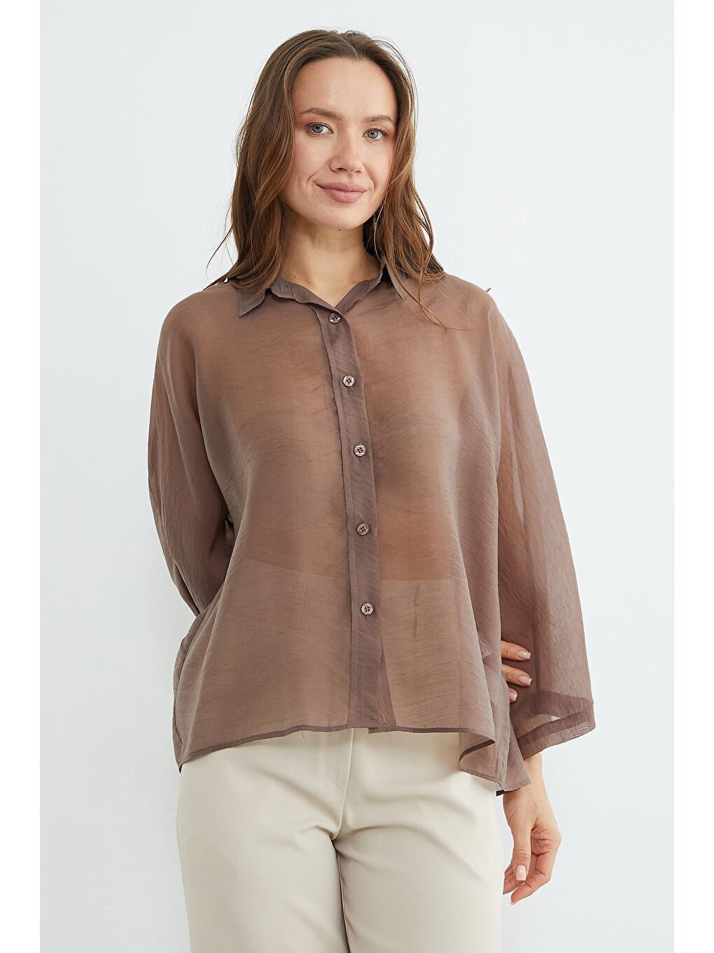 Kahverengi Jakarlı Kapri Kol Transparan Gömlek-4