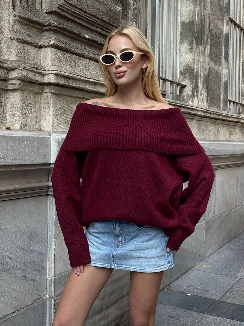 Bordo Madonna Yaka Triko Bluz Elbise