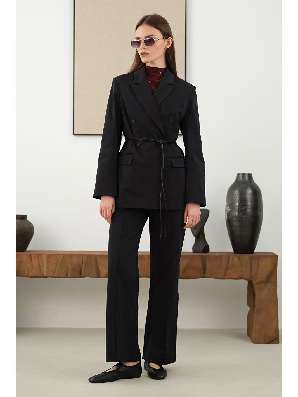 Önü Yarım Nervürlü Pantolon Siyah-1