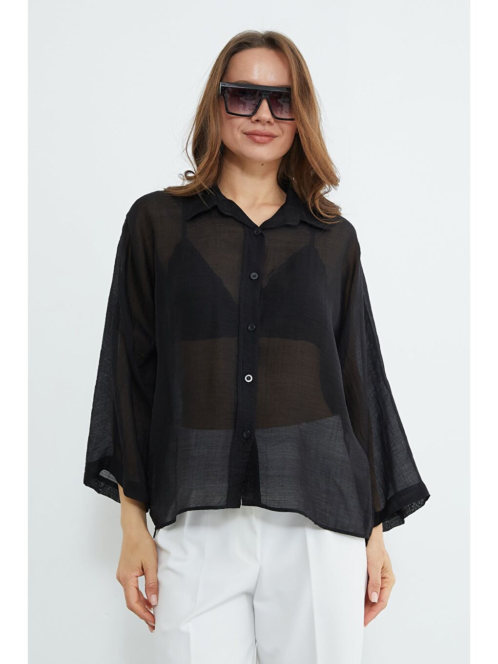 Siyah Jakarlı Kapri Kol Transparan Gömlek-2