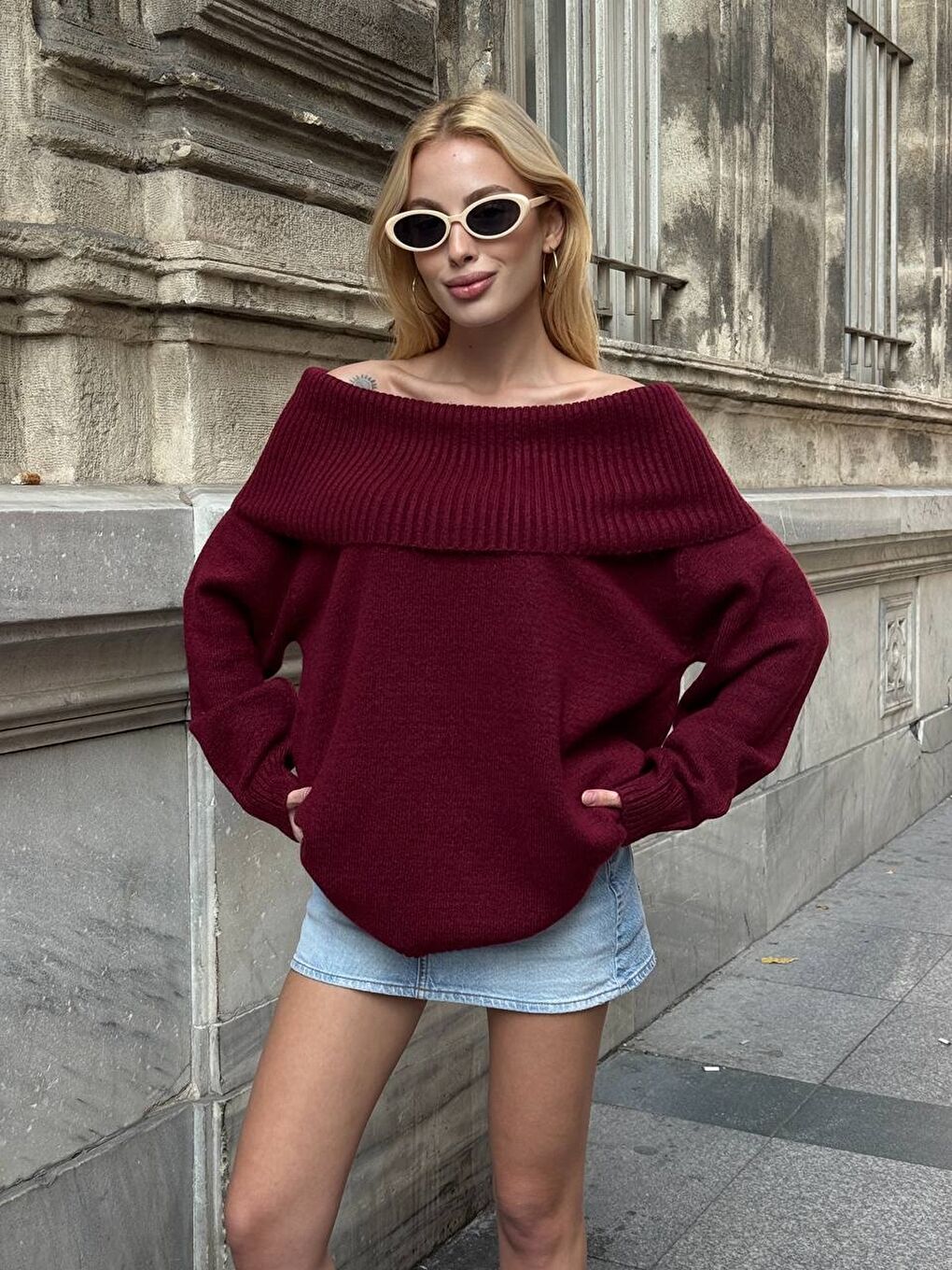 Bordo Madonna Yaka Triko Bluz Elbise-2