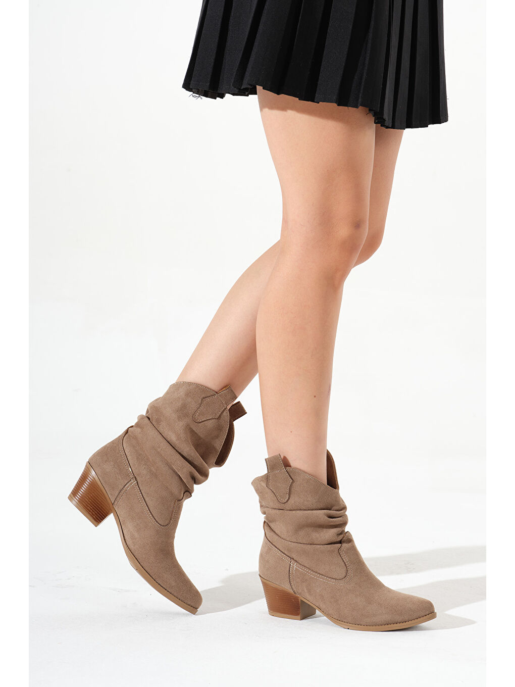 Kahverengi Kadın Vizon Süet Termo Taban Büzgülü Sivri Burunlu Western Kovboy Bot-2