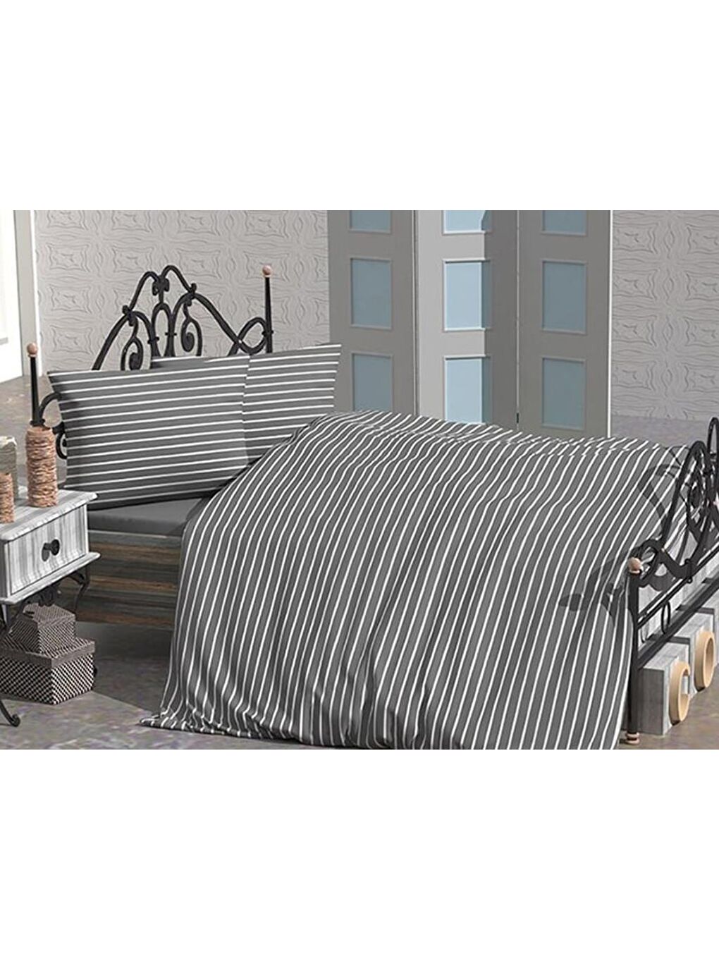 Stripe Çift Kişilik Nevresim Takımı Gri