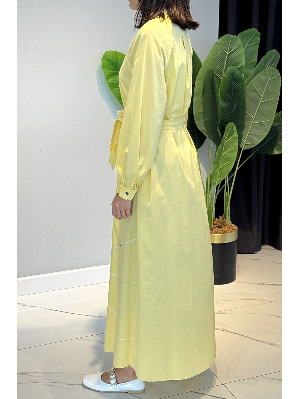 Yarım Patlı Fermuarlı Poplin Elbise 5779 Sarı-1