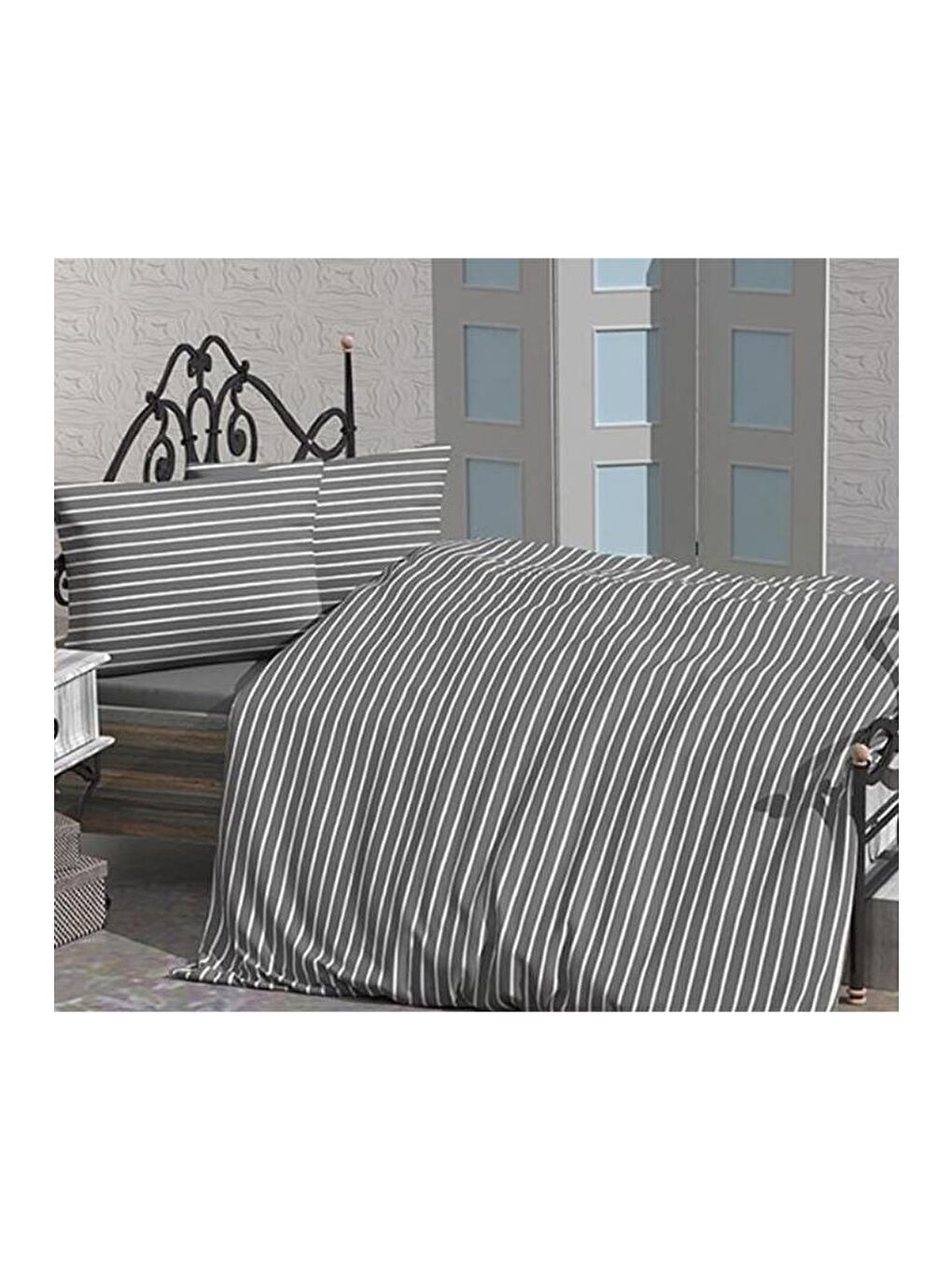 Stripe Çift Kişilik Nevresim Takımı Gri-1