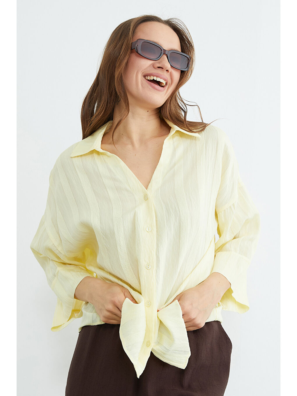 Sarı Çizgili Kapri Kol Salaş Gömlek