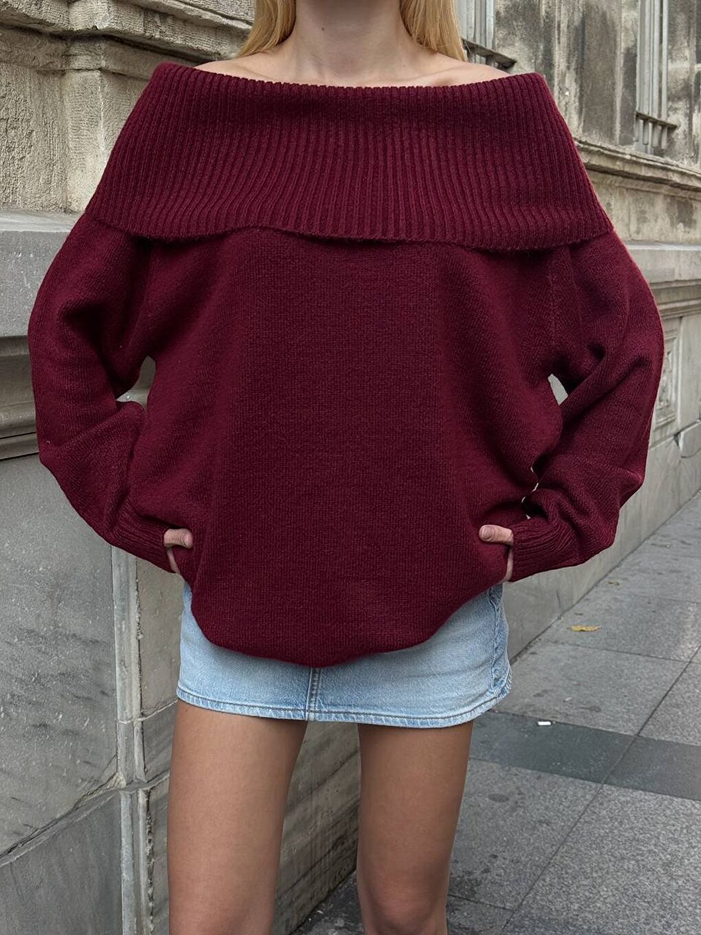 Bordo Madonna Yaka Triko Bluz Elbise-4