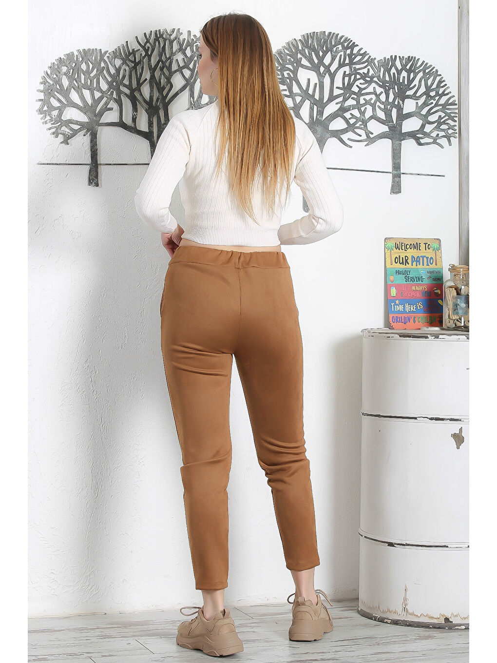 Kahverengi Taba Lastikli Ve Bağlamalı Bel Dar Paça Casual Süet Dokuma Pantolon-6