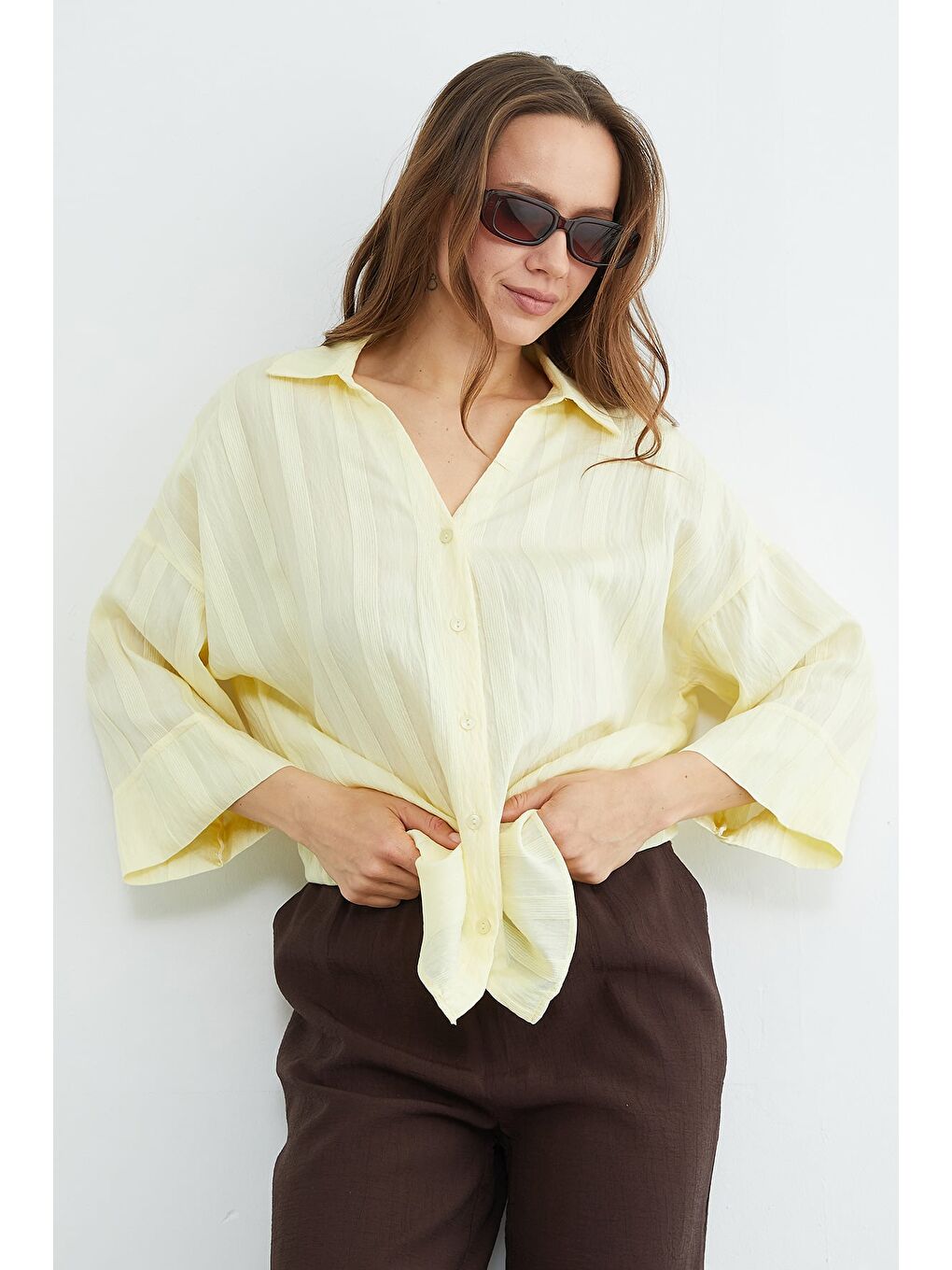 Sarı Çizgili Kapri Kol Salaş Gömlek-1