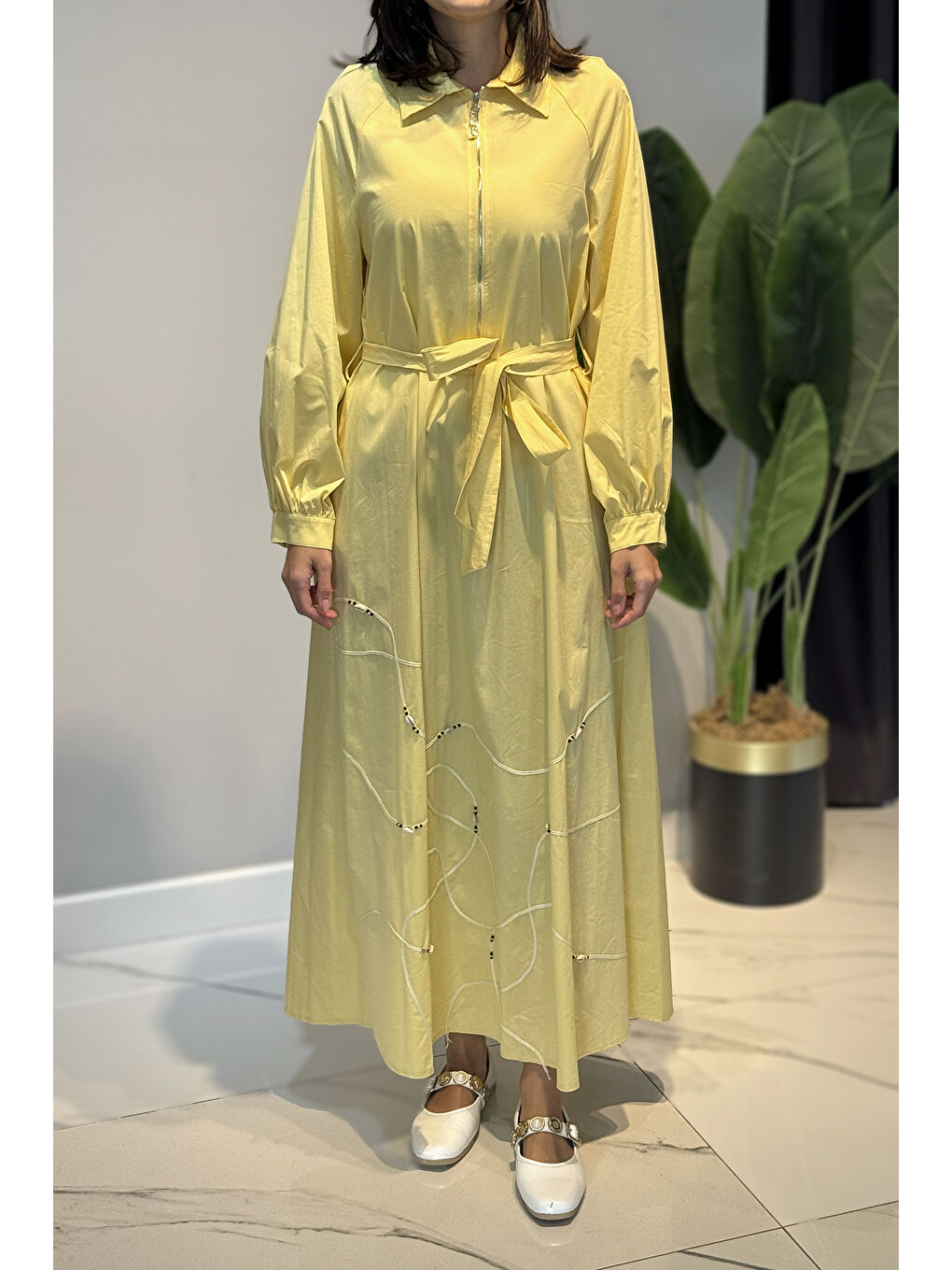 Yarım Patlı Fermuarlı Poplin Elbise 5779 Sarı-3