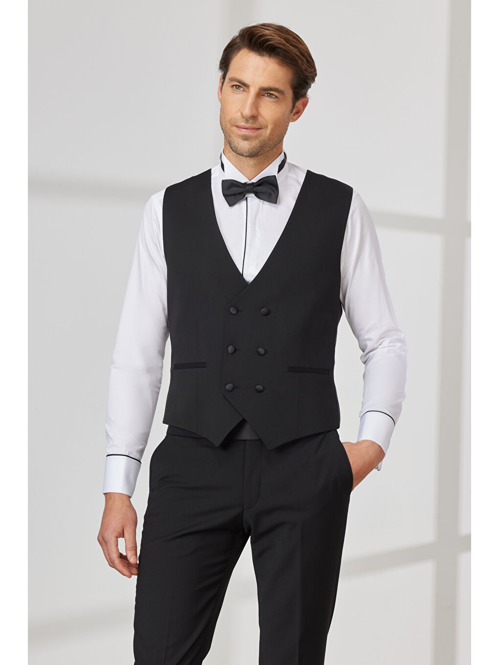 Erkek Siyah Slim Fit Dar Kesim V Yaka Desenli Klasik Yelek