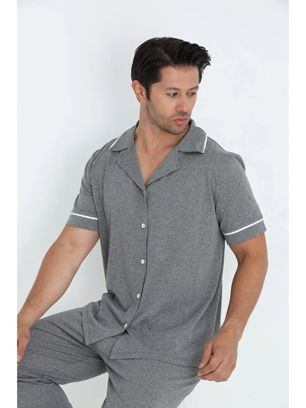 Erkek Kısa Kol Düğmeli Pijama Takım 7500-Gri