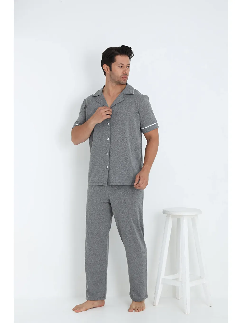 Erkek Kısa Kol Düğmeli Pijama Takım 7500-Gri-1