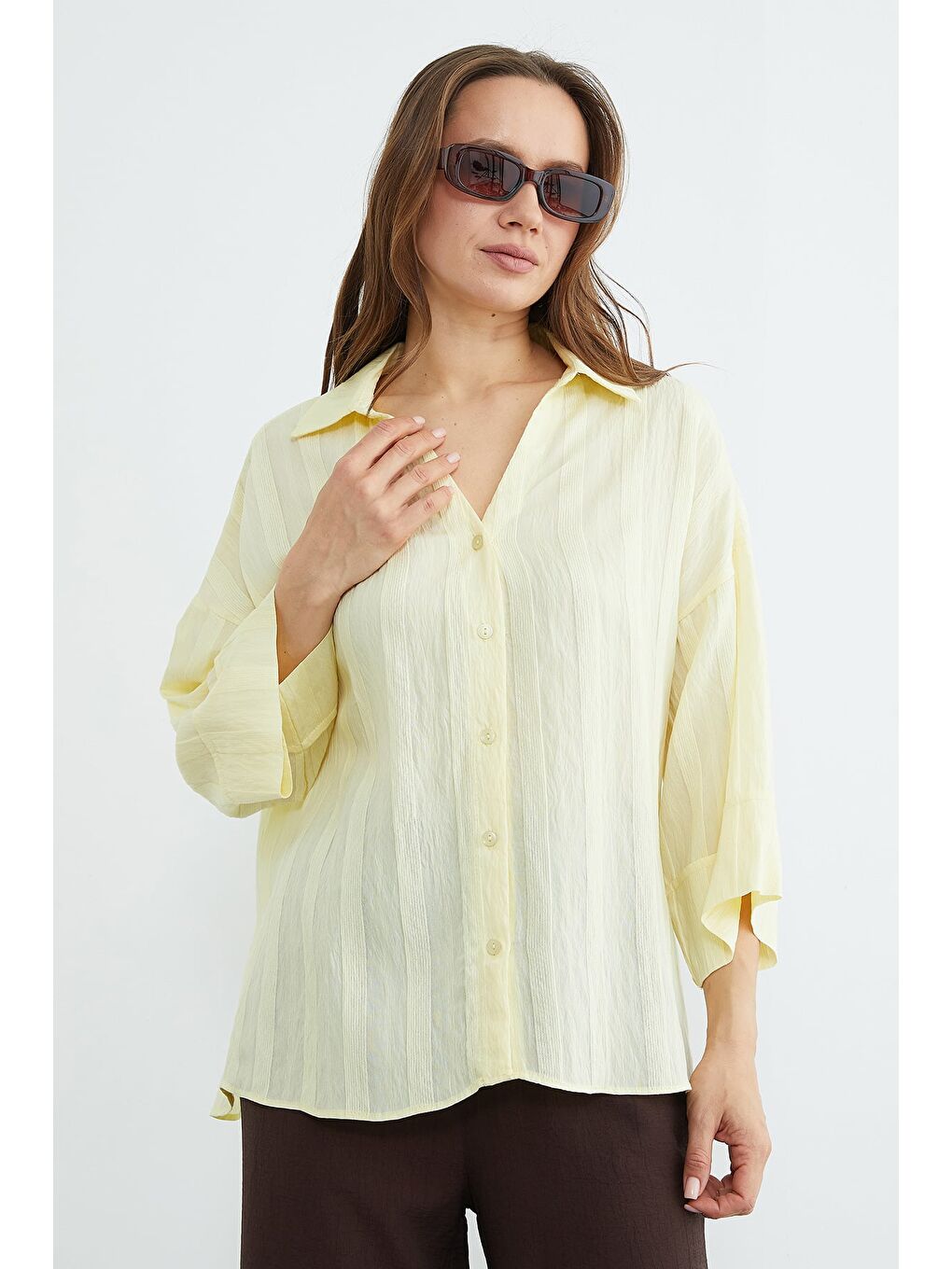 Sarı Çizgili Kapri Kol Salaş Gömlek-2