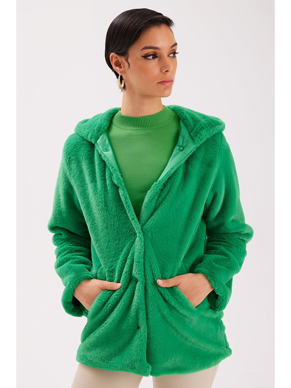 Astarlı Kapüşonlu Pelüş Mont - Yeşil-2