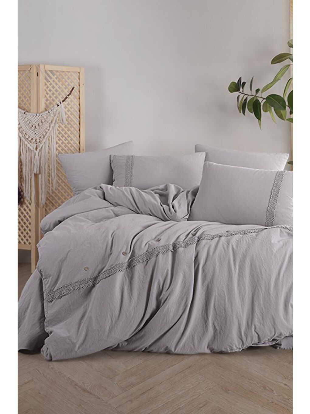 Grace 6 Parça %100 Pamuk Çift Kişilik Nevresim Takımı Gri
