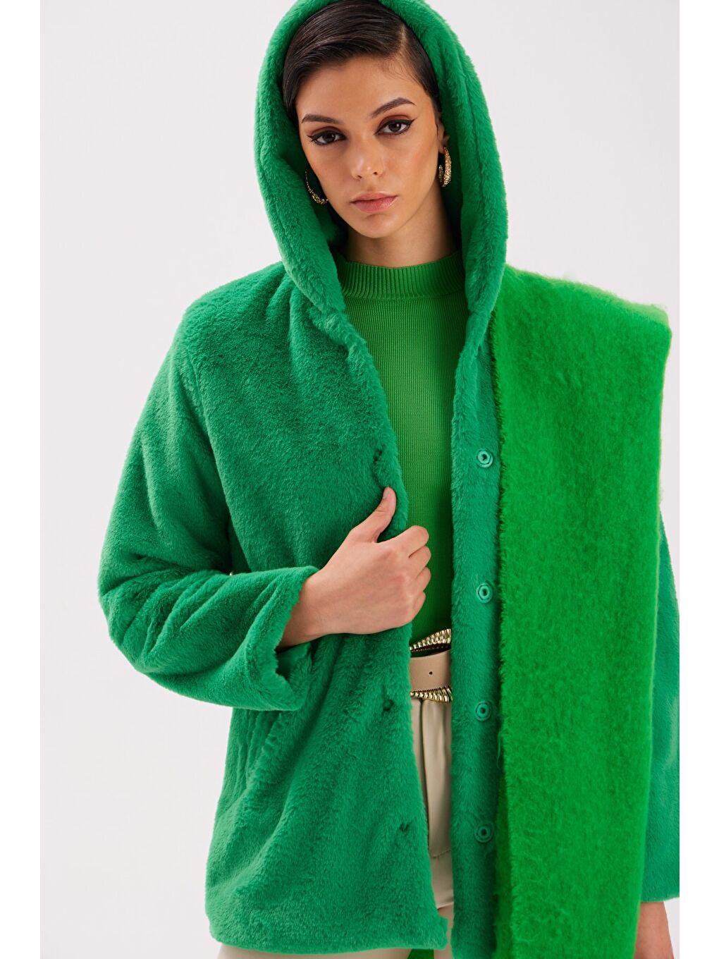 Astarlı Kapüşonlu Pelüş Mont - Yeşil-3