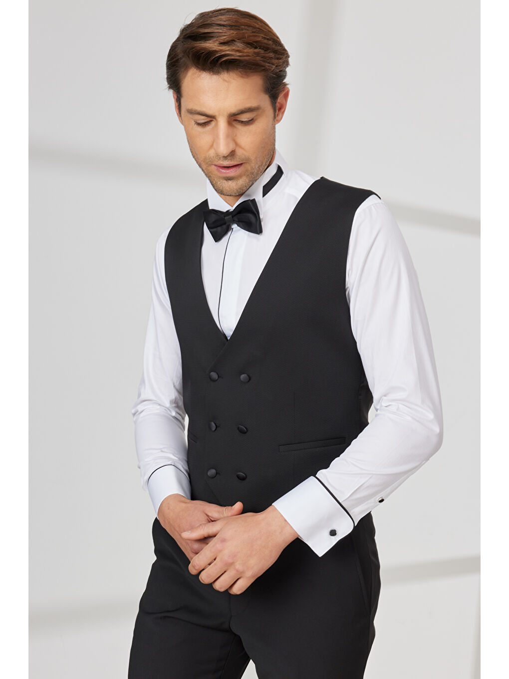 Erkek Siyah Slim Fit Dar Kesim V Yaka Desenli Klasik Yelek-2