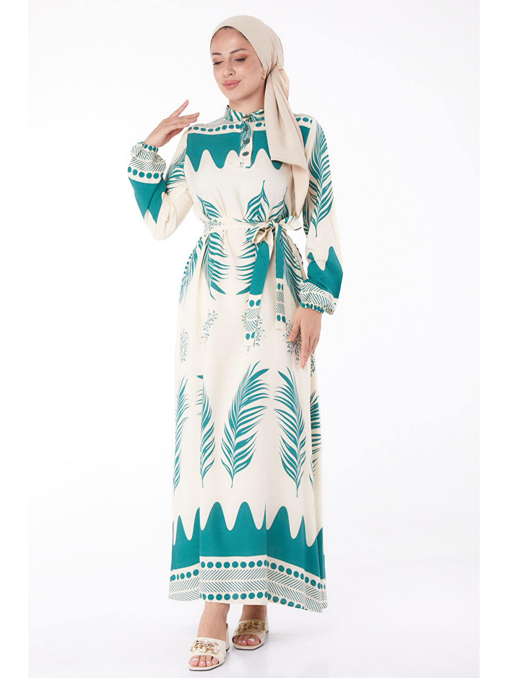 Yeşil Sulu Deseli Patlı Elbise Yesil - 13270