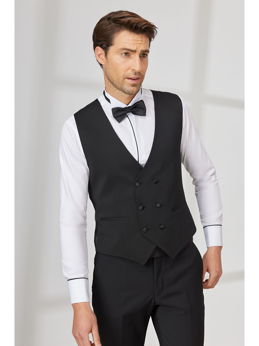 Erkek Siyah Slim Fit Dar Kesim V Yaka Desenli Klasik Yelek-3