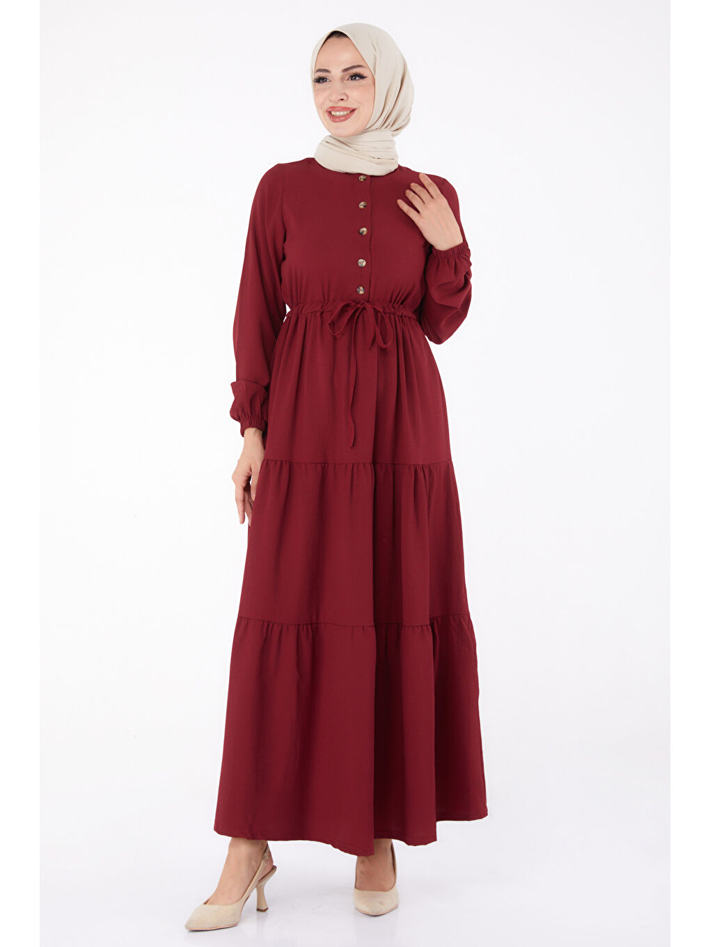 Belden Büzgülü Elbise Bordo - 13302